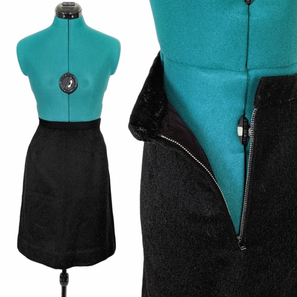 1950s A Line Skirt Vintage Pencil Length 1960s Black Wool Small Retro Straight